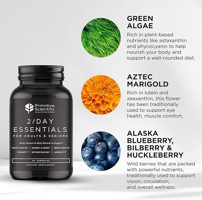 Whole Food Daily Essential Multivitamins for Adults and Seniors - 2X a Day - Vitamin A C D E B12 and Minerals - Natural and Holistic Support (60 Capsules)
