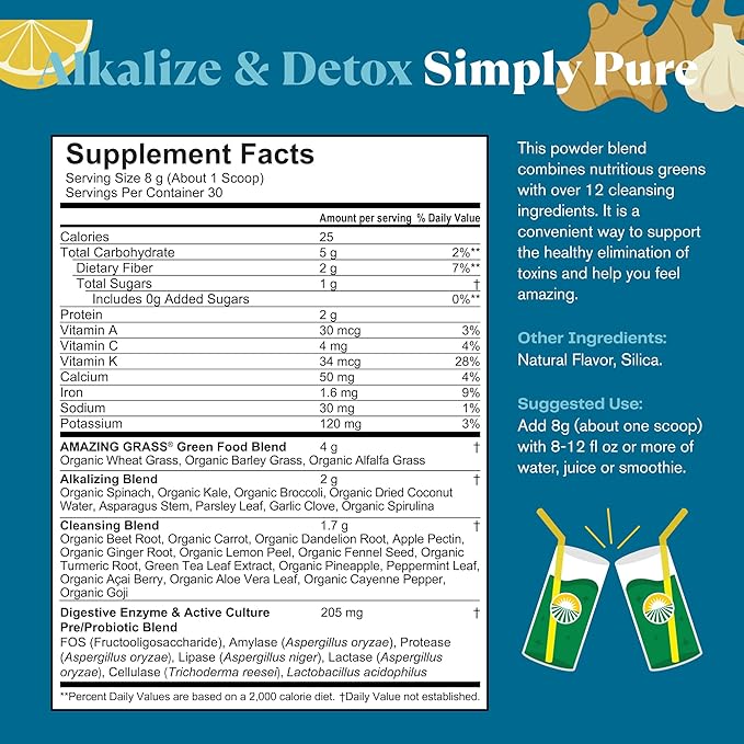 Amazing Grass Greens Blend Alkalize &amp Detox: Smoothie Mix Cleanse with Super Greens &amp Beet Root Powder Digestive Enzymes Prebiotics &amp Probiotics 30 Servings (Packaging May Vary)