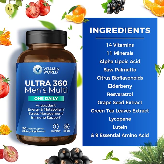 Vitamin World Ultra 360 Multivitamin for Men One Daily Men's Multivitamin with Minerals Herbs &amp Antioxidants Daily Supplement with Vitamin A C D E &amp Zinc for Energy &amp Immune Support