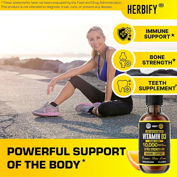 HERBIFY Vitamin D3 10000 IU - Made in USA Liquid Vitamin D Drops - Bone Strength and Immune Support Supplement - Sunshine Replacement - D3 Vitamin Bone and Teeth Supplement - 30 Days Supply - 2 Oz