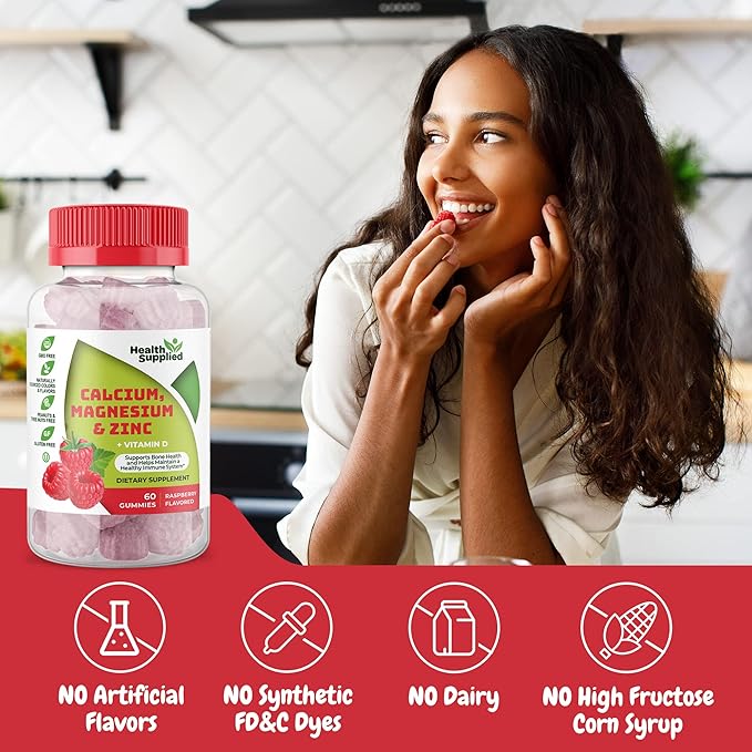 Calcium Magnesium &amp Zinc + Vitamin D Gummies | Bone Health Immune Health Energy and Muscle Function | Daily Dietary Vitamin Supplement | for Adults Teens | Fruity Raspberry Flavor