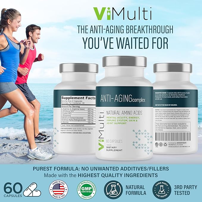 Amino Acid Supplement Capsules with L-Arginine L-Ornithine HCl L-Glutamine L-Lysine Glycine Ornithine Alpha-Ketoglutarate Dietary Amino Formula for Women Men 60 Capsules