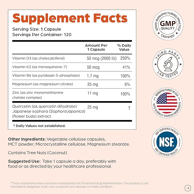 Sandhu's Vitamin D3 K2 Magnesium 2000 IU 50mcg K2 Capsules 120 Count (Pack of 2) | with VIT B6 Zinc &amp Quercetin | D3K2 Supports Superior Absorption Energy Immune Muscle Health for Men &amp W