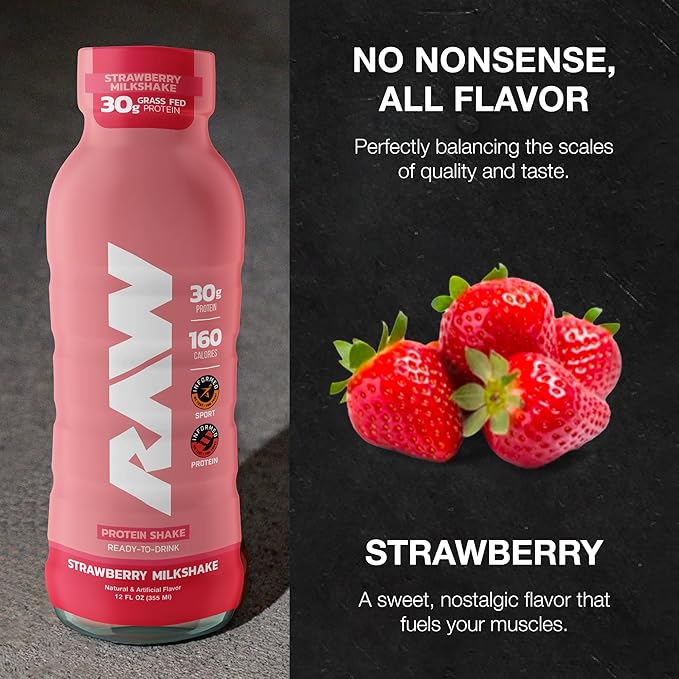 RAW Ready-to-Drink Protein Shake Strawberry - RTD Protein Drinks with Grass-Fed Whey Protein Isolate for Post-Workout - Zero-Sugar &amp Gluten-Free Meal Replacement Drink &amp Breakfast Shake 12 F