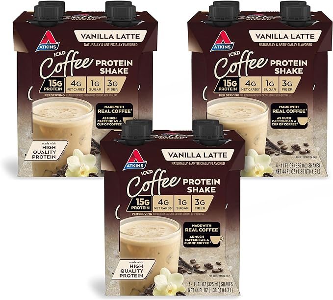 Atkins Iced Coffee Vanilla Latte Protein Shake 15g Protein 4g Net Carb Keto Friendly &amp Chocolate Crème Protein Wafer Crisps 10g Protein 4g Net Carb 5 Count