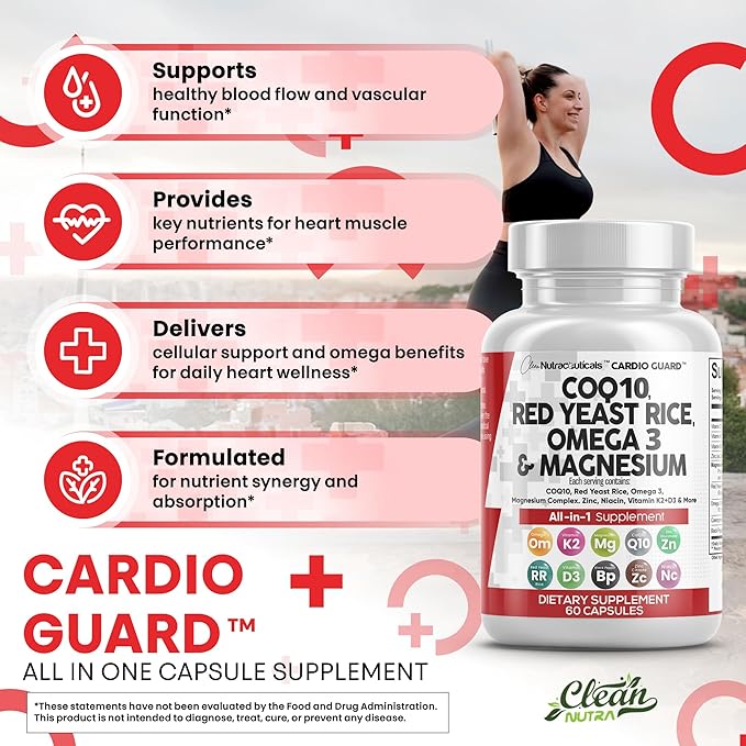 Clean Nutraceuticals COQ10 200mg Red Yeast Rice Omega 3 Magnesium Complex 500mg Niacin Zinc Vitamin K2 D3 - Heart Support Vitamins for Women &amp Men w/Vitamin B3 Coenzyme Q10-60 Ct