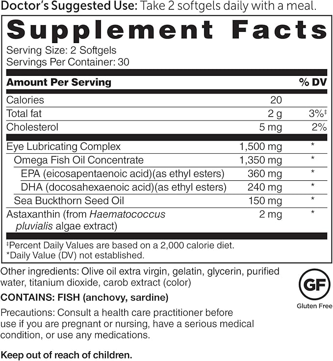 Dr. Whitaker's Eyedrate Hydration and Lubrication Supplement with Omega-3 Omega-7 and Antioxidants 60 Softgels (30-Day Supply)