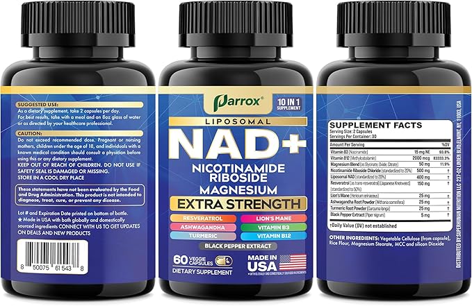 NAD+ Supplement with Liposomal NAD+ Nicotinamide Riboside Magnesium Vitamin B3 &amp B12 Resveratrol Turmeric Ashwagandha Lion’s Mane10-in-1 Extra Strength (2 Pack)
