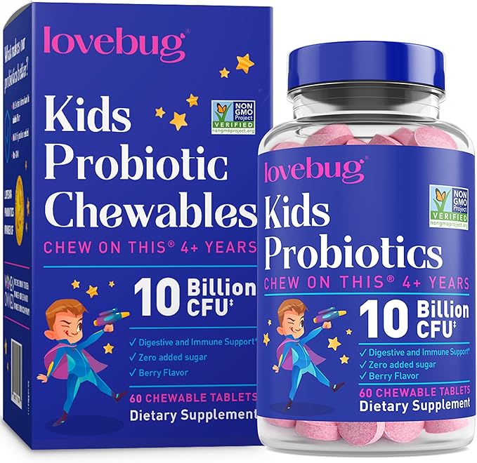 LOVEBUG Probiotics for Kids – Probiotic Chewables with Prebiotic Fiber for Age 4+Daily Children's Gut Health &amp Digestive Support Supplement Sugar-Free Berry Flavor 60 Count
