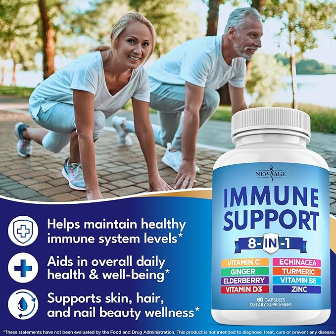 NEW AGE 8 in 1 Immune Support Booster Supplement with Echinacea Vitamin C and Zinc 50mg Vitamin D 5000 IU Turmeric Curcumin &amp Ginger B6 Elderberry 60 Count (Pack of 1)