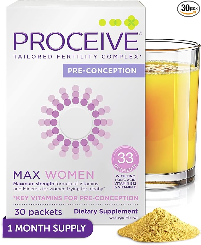 Proceive Max Tailored Fertility Supplement for Women Pre Conception Vitamins Minerals and Amino Acids with Vitamin D Zinc Myo Inositol and Folate 30 Vegan Drink Mix Packets Orange Flavor