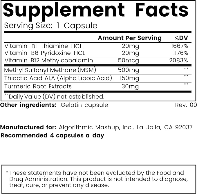Nerve Support Supplement – Alpha Lipoic Acid B1 B6 B12 Pureblend of MSM Turmeric – Advanced Neuropathy Support Formula for Nerve Health Tingling &amp Discomfort Relief – 120 Capsules (2-Pack)