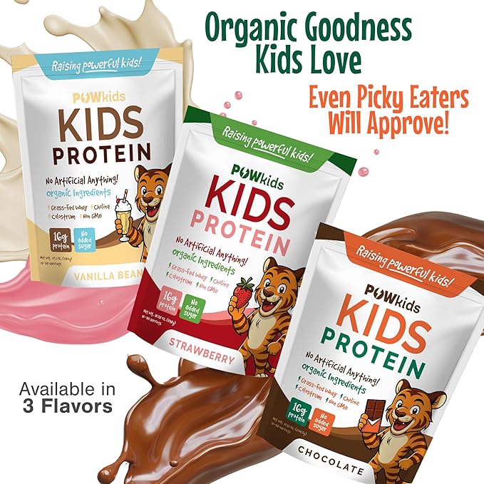 Kids Protein Shake Powder 16g – No Added Sugar Organic Ingredients Grass-Fed Whey Proteins – Calcium &amp Choline for Bone Strength &amp Brain Development Protein Shake – Strawberry