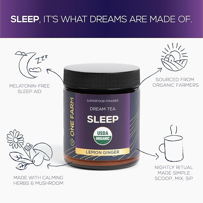 One Farm Dream Tea Sleep Powder - with USDA Organic Reishi Tart Cherry Chamomile Lemon Balm and Passionflower - 45 Servings in a Resealable Glass Jar - Soothing Chamomile Flavor