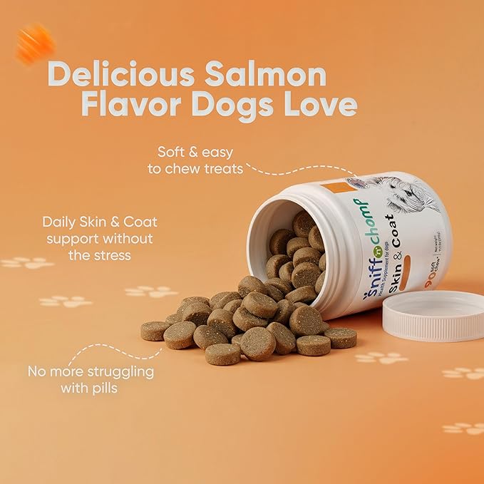 SNIFF N CHOMP Omega 3 for Dogs Chews Skin and Coat Supplement for Dogs Omega 6 Fish Oil Formula Itchy Dry Skin Relief Healthy Coat Shine Support All Breeds | 90 Soft Chews