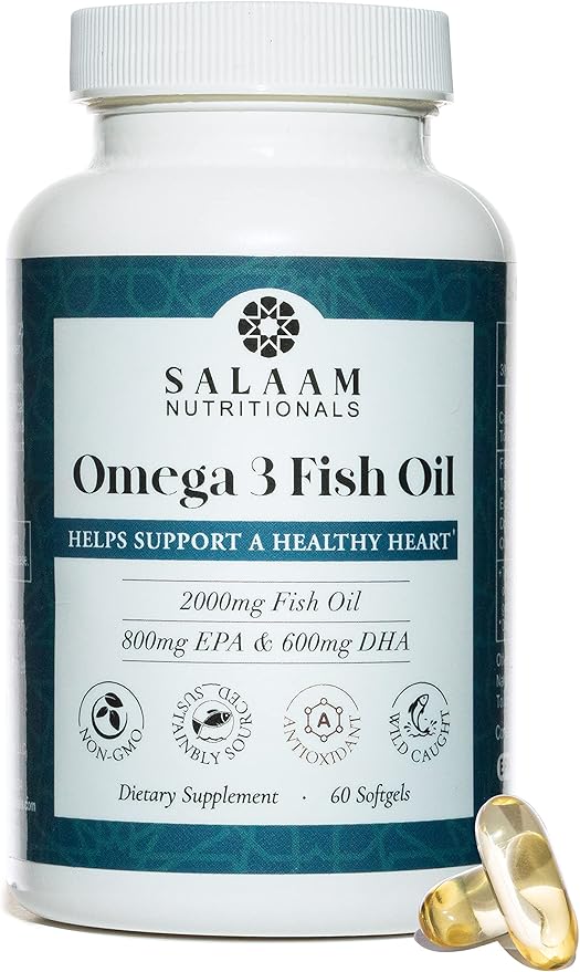 Salaam Nutritionals Halal Fish Oil Burpless Omega 3 DHA+ EPA 2000mg for Heart Eye Brain and Joint Health.