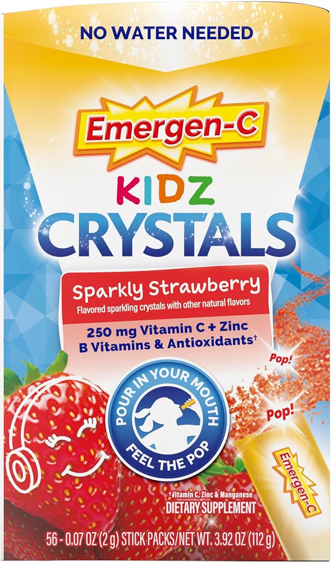 Emergen-C Kidz Crystals On-the-Go Emergen-C Immune Support Supplement with Vitamin C B Vitamins Zinc and Manganese Sparkly Strawberry Stocking Stuffer - 56 Stick Packs