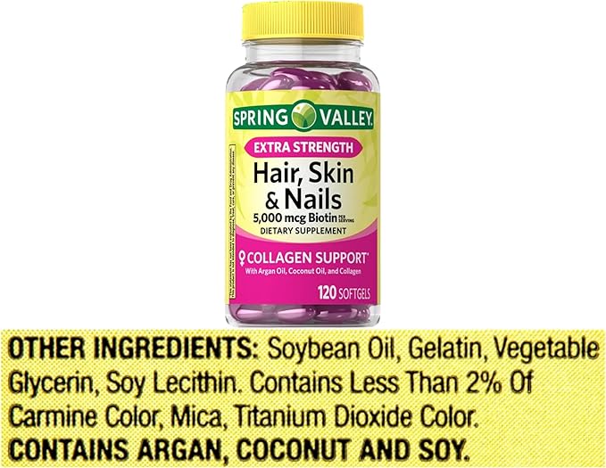 Spring Valley Hair Skin &amp Nails Biotin Collagen Gelatin Extra Strength Dietary Supplement 120ct (Pack of 02) 240 Total + me Gusta Sticker