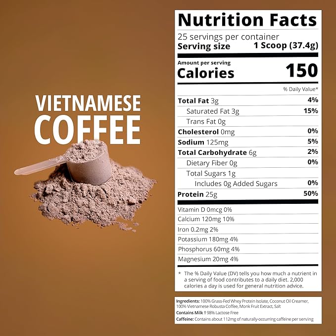 Boba Tea Protein Vietnamese Coffee | 25g Grass-Fed Whey Protein Isolate Powder | 112mg Caffeine | Gluten-Free &amp Soy-Free Bubble Tea Drink | Real Ingredients &amp Lactose-Free Protein Drink | 25 S