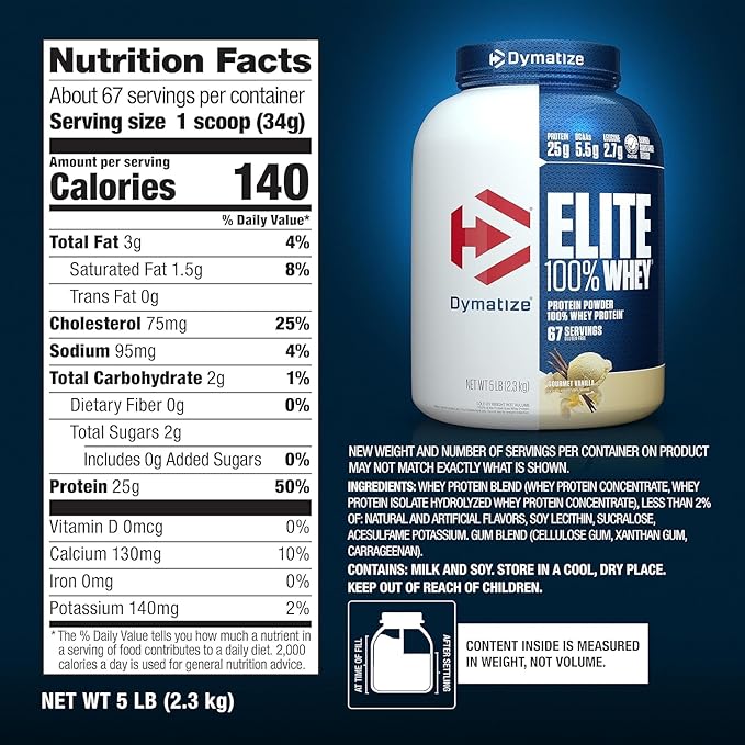Dymatize Elite 100% Whey Protein Powder Vanilla 25g of Protein 5.5g BCAAs Less Than 140 Cal. Gluten Free 2g Carb 2g Sugar 3g Fat (67 Servings)