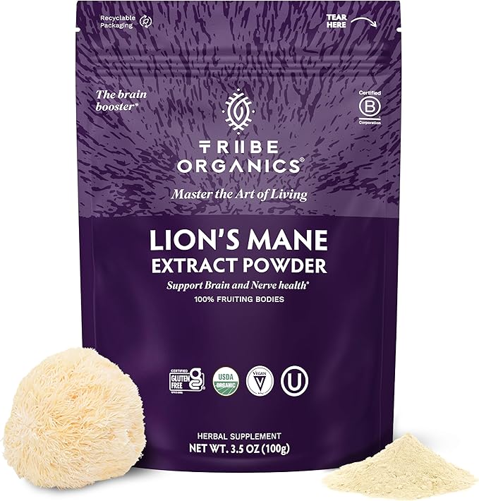 TRIBE ORGANICS Lion’s Mane Powder - Organic Mushroom Extract Powder - Immune System Booster &amp Brain Nootropic for Focus and Memory - Natural Energy and Immunity - 100g Pouch - 100 Servings