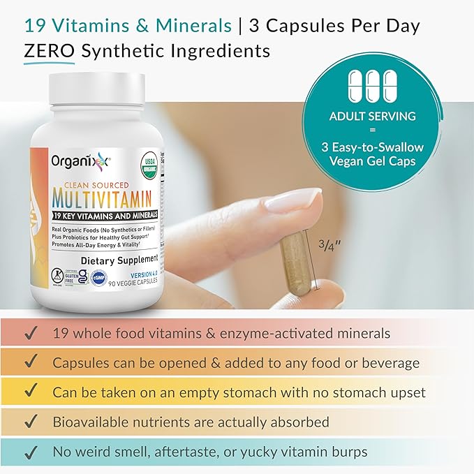 Organixx Clean Sourced Multivitamin for Women &amp Men w/Vitamin C D3 Vitamin B Complex Probiotics Organic Fruits &amp Vegetables Supports Digestive Gut Health Immune Support 90 Vegan Gel Ca