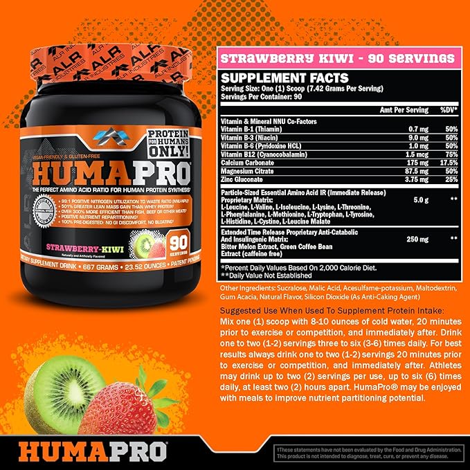 Humapro | Amino Acids Protein Matrix for Humans | 99% Utilization for Lean Muscle | Vegan Gluten Free | 667g / 90 Servings (Strawberry Kiwi)