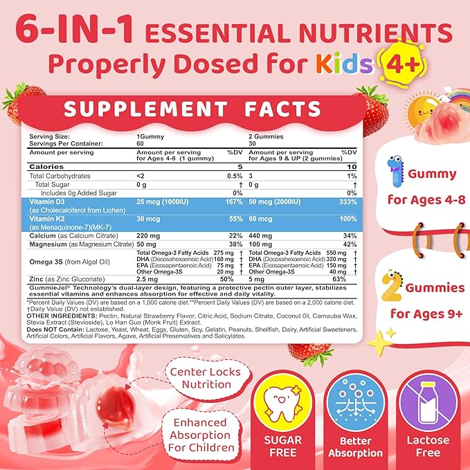 Vitamin D3 K2 + Calcium Liquid-Filled Gummies for Kids &amp Teens + Collagen Peptides Soft Chews 3000mg for Women &amp Men