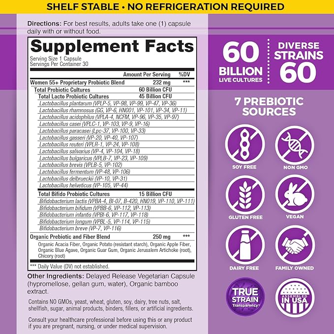 Vital Planet - Vital Flora Probiotics for Women Over 55 Daily Shelf Stable Probiotic 60 Billion CFU 60 Diverse Strains 7 Organic Prebiotics Immune Support and Digestive Health 30 Capsules