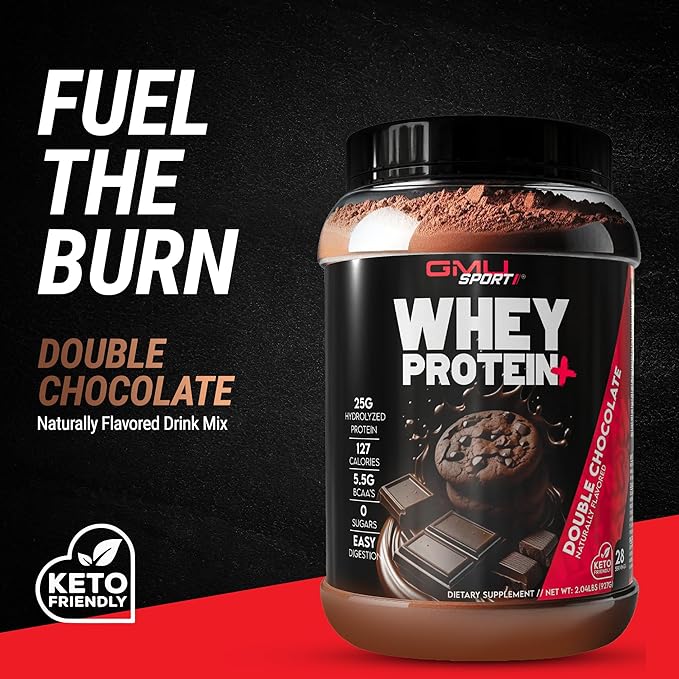 GMU SPORT - Whey Protein+ 28 Servings - No Filler Whey Protein Powder for Women and Men - Low-Calorie Sugar-Free Fast-Absorbing Protein Supplement for Muscle Growth &amp Recovery Double Chocolate