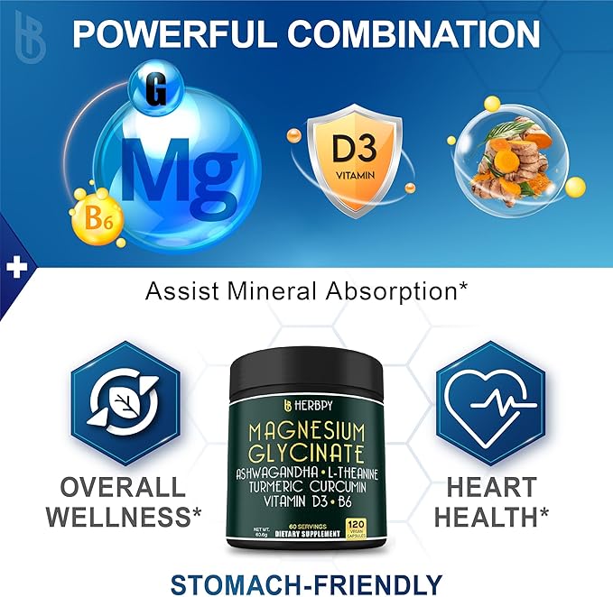 6in1 Restful Day and Night Supplement with Magnesium Glycinate Vitamin D3 B6 L-Theanine Ashwagandha and Turmeric Root - Brain Heart and Digestive Health Support - 120 Vegan Capsules