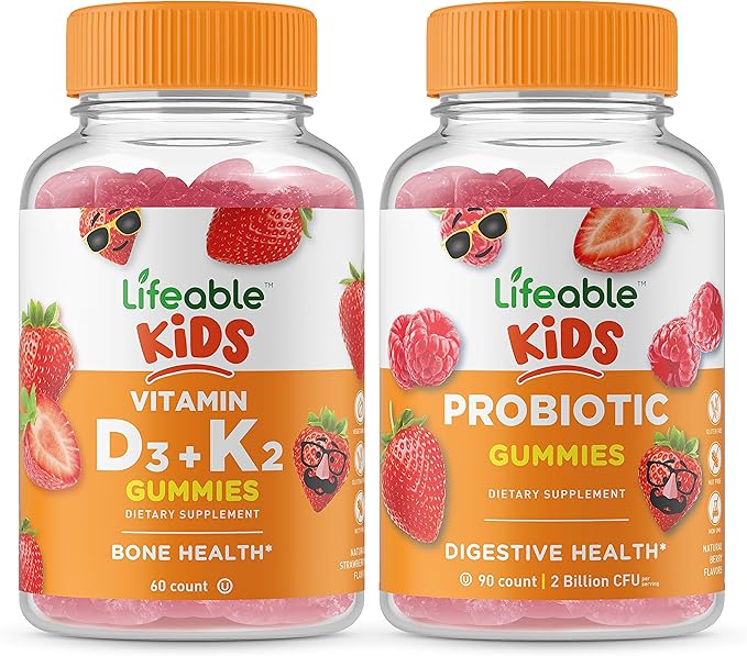 Lifeable Vitamin D3 + Vitamin K2 Kids + Probiotic 2 Billion CFU Kids Gummies Bundle - Great Tasting Vitamin Supplement Gluten Free GMO Free Chewable Gummy