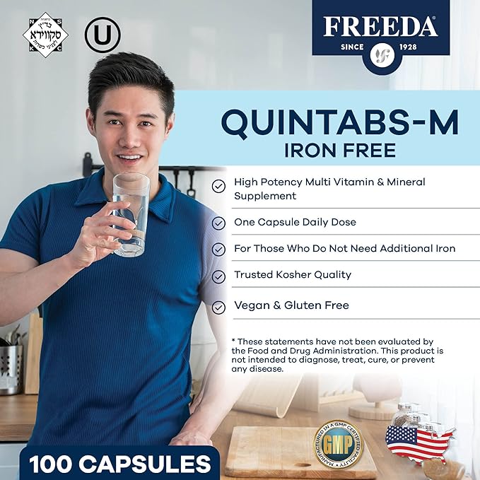 FREEDA One Daily Multivitamin Without Iron – Quintabs-M Iron-Free – Kosher Balanced Multivitamin Supplements for Adults Men &amp Women's Health Complete Multivitamins (100 Capsules)