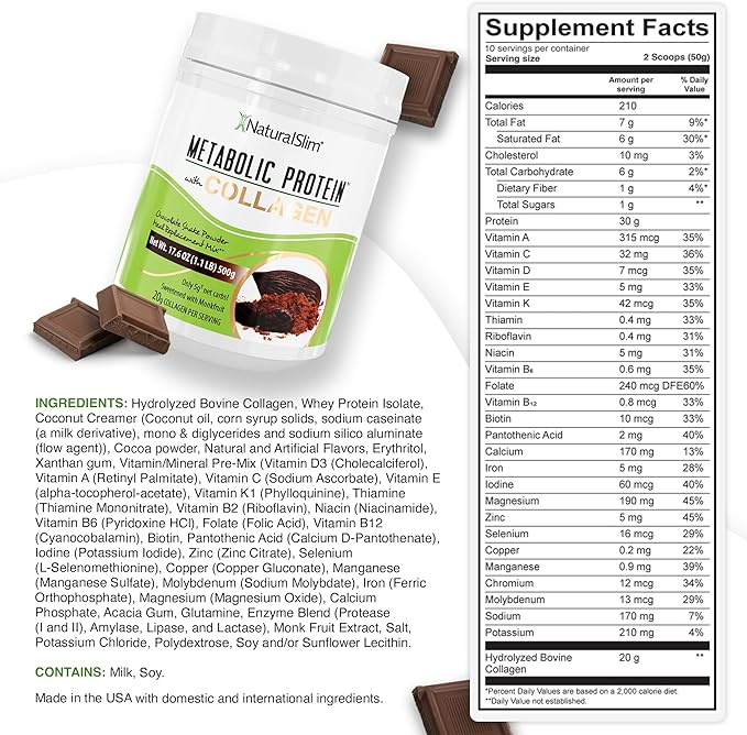 Metabolic Protein Powder with Collagen Chocolate whey protein powder shake Hydrolyzed Collagen with L-Glutamine for Digestion Skin Joints &amp Muscle Low Carb Meal Replacement 17.06 oz