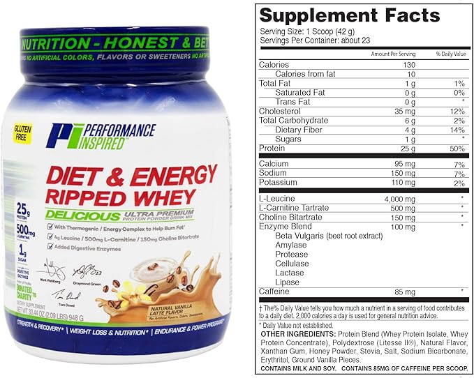 Performance Inspired Diet &amp Energy Whey Protein – 25G Clean Protein – L-Carnitine &amp Leucine – Digestive Enzymes – Green Tea Extract – Gluten-Free – 1g Sugar – Vanilla Latte – 2.4 lb