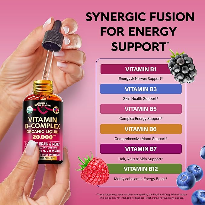 USDA Organic Vitamin B-Complex B5 Pantothenic Acid | B12 Methylcobalamin | B1 Thiamine | B6 Pyridoxine | B7 Biotin | B9 Folic | B3 Niacinamide - B Complex Liquid Drops Made in USA Supplement 2fl oz