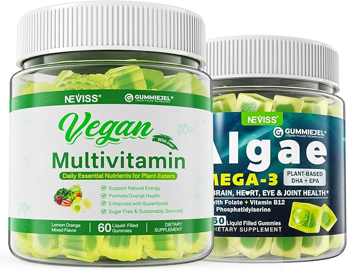 Vegan Omega 3 Gummies 1000mg with Vegan Multivitamin for Women Men with Iron Vitamin B12 A D3 K2 Algae Omega 3 Magnesium Zinc