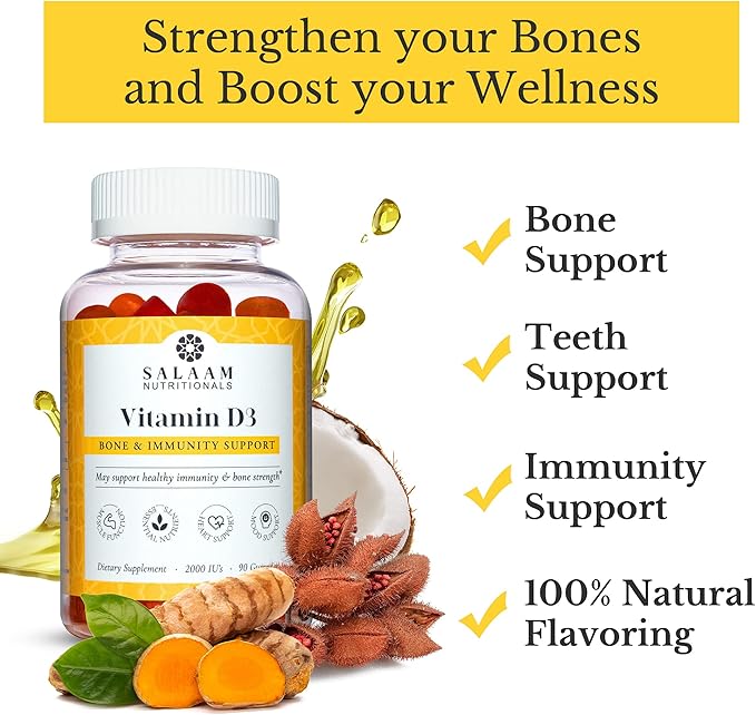 Salaam Nutritionals - 2000 Iu Vitamin D3 Vitamin D3 Gummies for Adults Bone Teeth and Immunity Support 90 Count 1 Pack