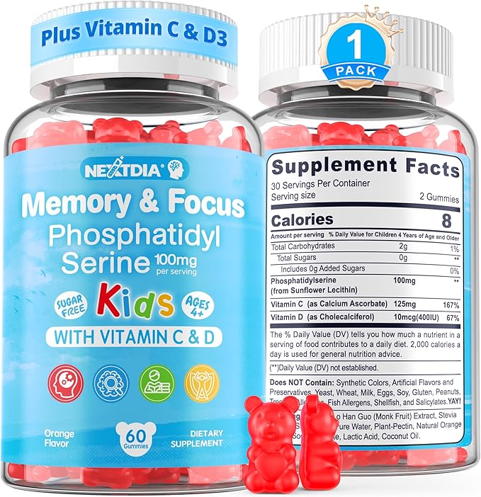 Phosphatidylserine Supplement 100mg Focus Gummies for Kids Teens + Vitamin C &amp D3 400IU Sugar Free Kids Brain Gummies Increase Attention &amp Concentration Chewable Vegan Gluten Free Non-GM