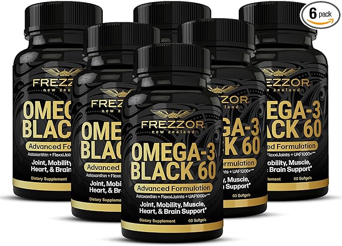 FREZZOR Omega 3 Black for Joint Care &amp Comfort - New Zealand Green Lipped Mussel Oil Capsules 53x Higher Potency with UAF1000+ Super Antioxidant No Fishy Aftertaste 450mg 6-Pack 360 Softgels