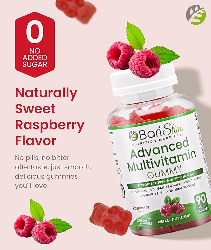 BariSlim Advanced Bariatric Multivitamin Gummies - Specially Formulated Bariatric Vitamins for Patients After Weight Loss Surgery - Supports Energy &amp Immune Health | Raspberry (90 Vegan Gummies)