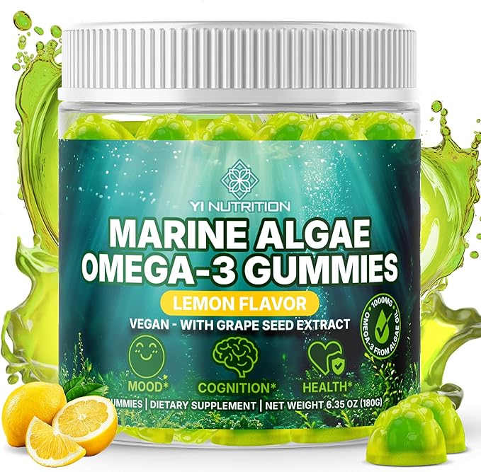 Marine Algae Omega 3 Gummies with 3400mg+ | DHA/EPA/ALA 20:1 Grape Seed Extract Vitamin C &amp Folate | Heart Brain &amp Skin | Plant-Based Sugar-Free 60 Ct