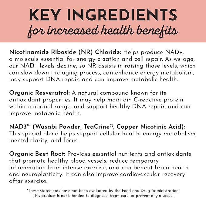 JUST INGREDIENTS NAD+ Supplement – 60 Capsules – Supports Cellular Energy Healthy Aging Mitochondrial Function &amp DNA Repair – with Nicotinamide Riboside Resveratrol Beet Root &amp NAD3® Compl