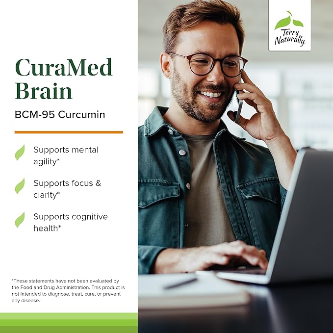 Terry Naturally CuraMed Brain - Dietary Supplement to Support Clarity &amp Focus - Brain Health Supplement with Curcumin &amp Turmeric Essential Oil to Aid Concentration - 60 Softgels (2 Pack)