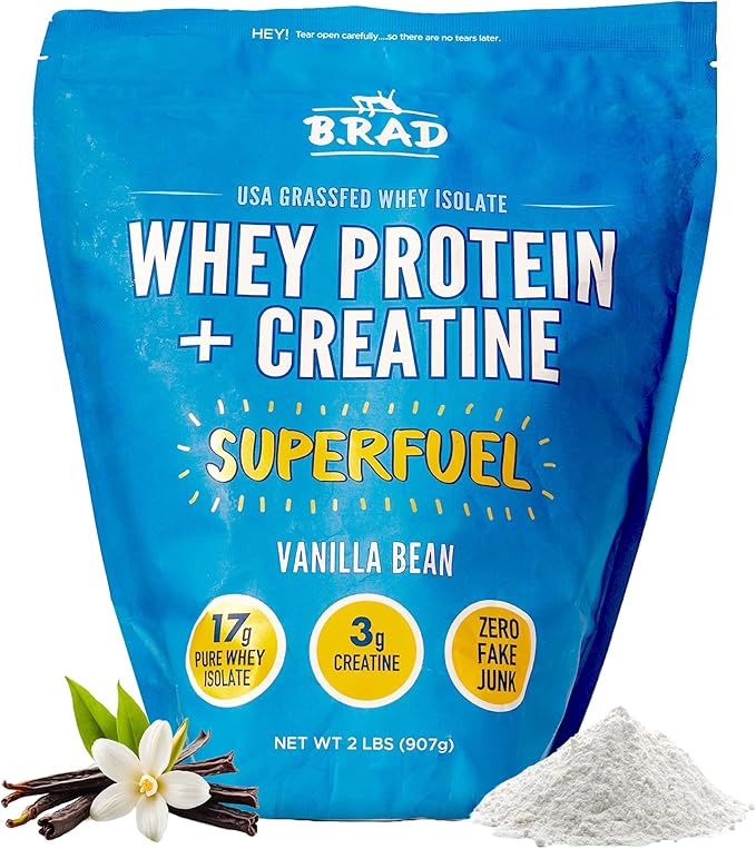 B.rad Superfuel - Grass Fed Whey Protein Isolate Boosted with Creatine | Farm-Fresh Easy-to-Digest Clean Ingredients | 2 Pounds | 100% USA Sourced | Vanilla Bean