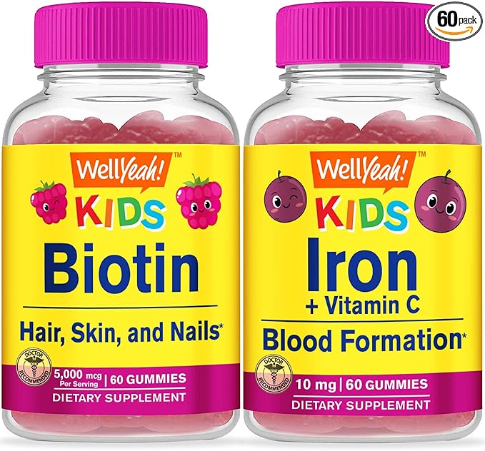 WellYeah Biotin Kids + Iron + Vitamin C Kids Gummies Bundle - Great Tasting Vitamin Supplement Gluten Free GMO Free Chewable Gummy