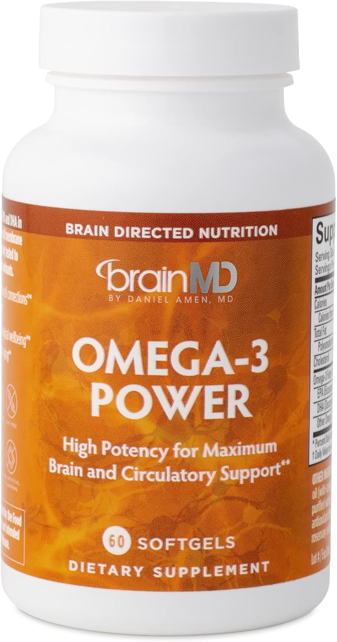 BRAINMD Dr Amen Omega-3 Power - 60 Capsules - Joint &amp Immune Support Supplement - Contains DHA &amp EPA - Gluten Free - 30 Servings