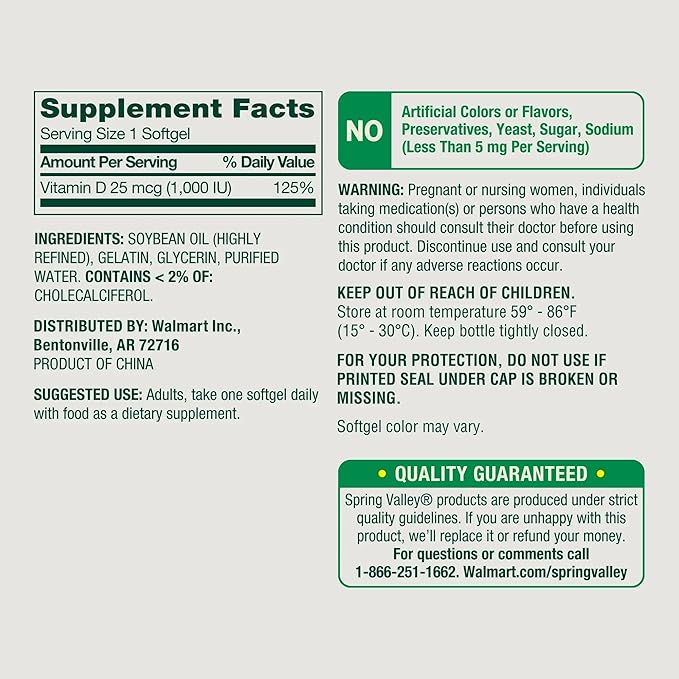 SUREFECT Spring Valley Vitamin D3 25 mcg (1000 IU) Softgels Bone &amp Immune Support 450 Count Organizer