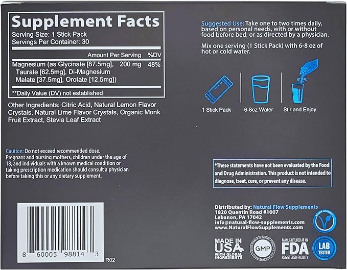 Magnesium Powder Drink Mix - Lemon/Lime - Natural Flow 4X Magnesium Glycinate Taurate Malate Orotate Supplement Calm Sleep and Cramp Support Blend No Mag Citrate or Oxide 30 Packs (Drink Mix)