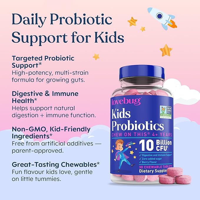 LOVEBUG Probiotics for Kids – Probiotic Chewables with Prebiotic Fiber for Age 4+Daily Children's Gut Health &amp Digestive Support Supplement Sugar-Free Berry Flavor 30 Count
